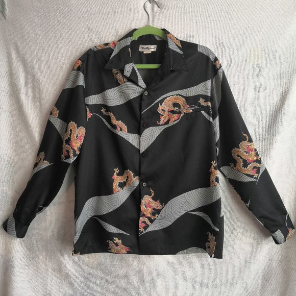 Vintage Mens Tori Richard Hawaiian Black Long Sleeve Asian Dragon Print Medium